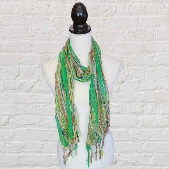 Green with Silver Threads Multicolored Background Cotton Open Weave Scarf… - Picture 1 of 4